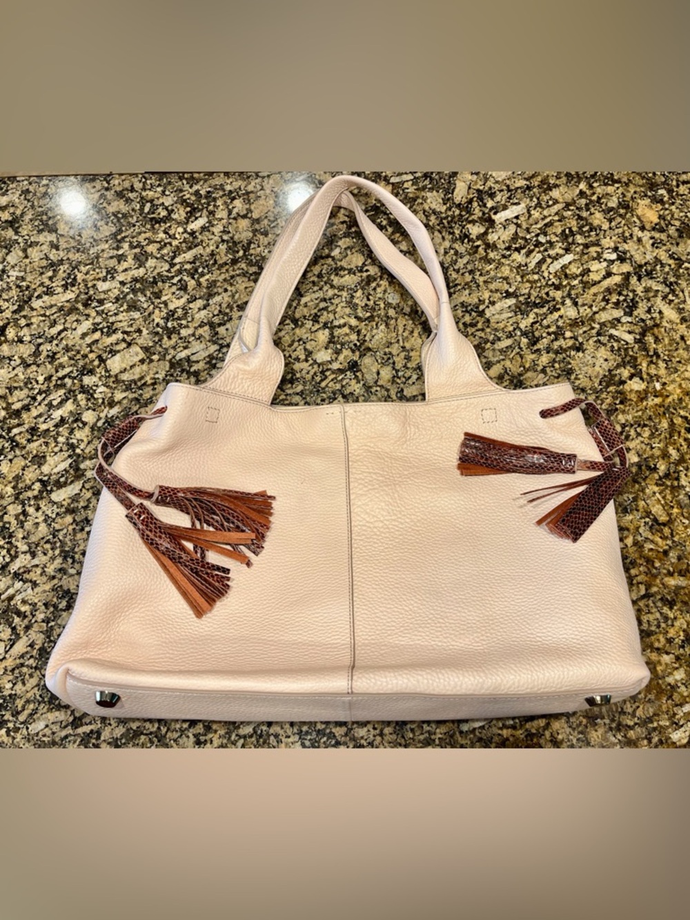 G.I.L.I. Pale Cream Leather Shoulder Tote with Brown Tassel Details
